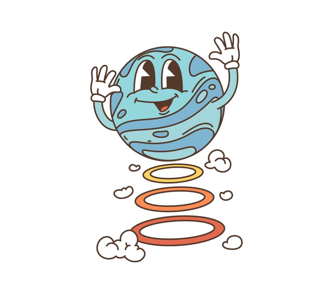 Cartoon retro groovy hippie blue planet character vector