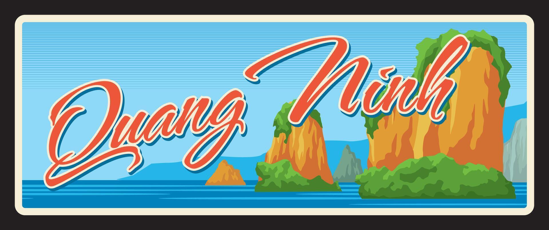 Quang Ninh Vietnam, retro travel plate vector