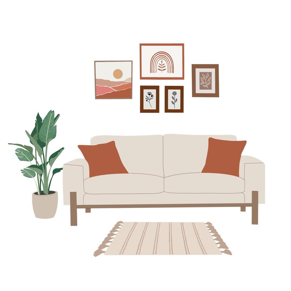 The design of the living room with sofa, carpet, house plant, paintings. Scandinavian interior. Minimalist design, home interior decor. Hand drawn illustration vector