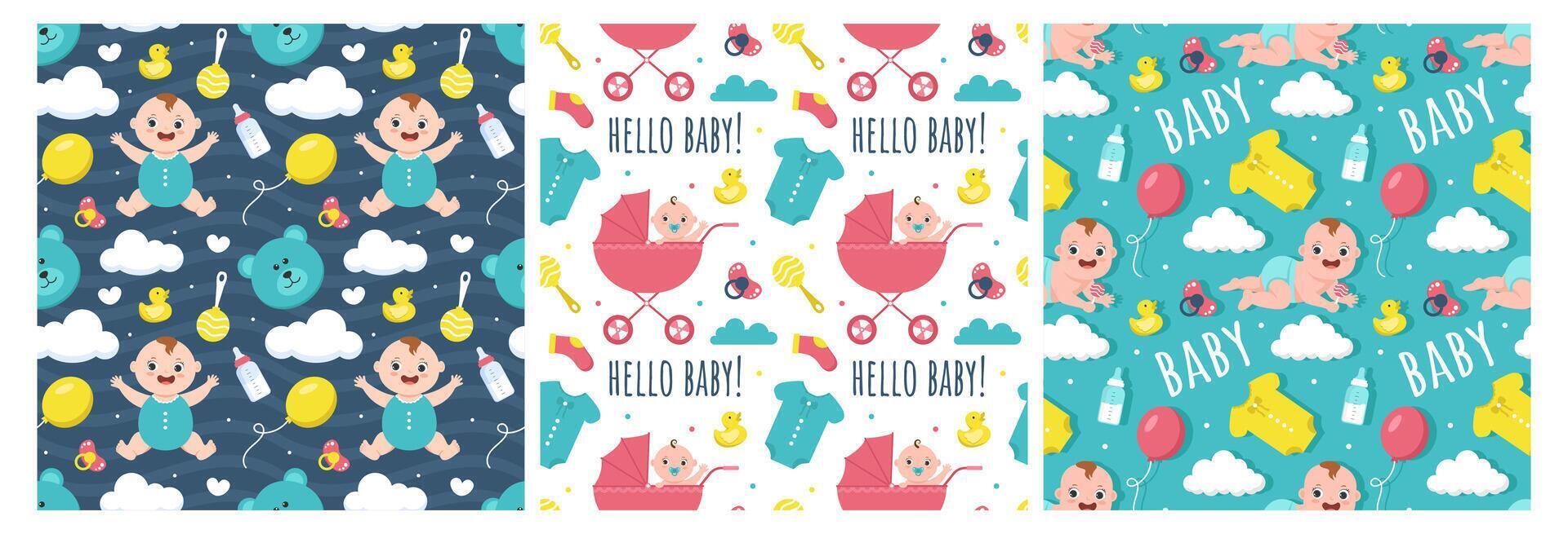 Baby Seamless Pattern Design, A Set of Simple Decorative Elements in a Hand Drawn on Style Cartoon Flat Illustration Template vector