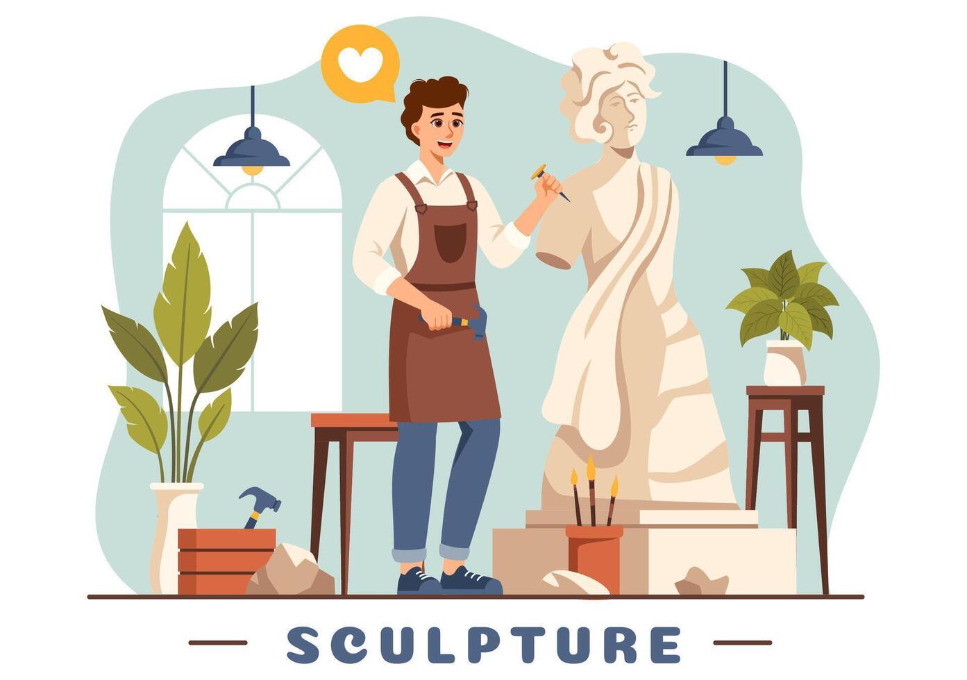 Stone Sculpture Illustration featuring a Craftsman Carving a Rock Using Sculpting Tools in Flat Style Cartoon Background Design vector