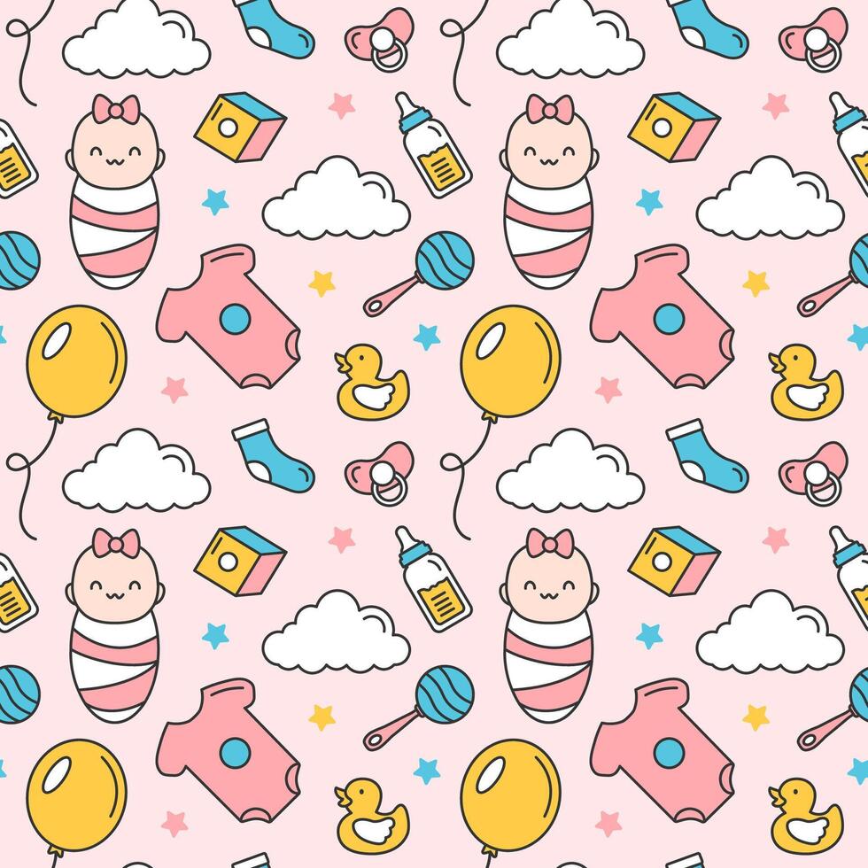 Baby Seamless Pattern Design, A Set of Simple Decorative Elements in a Hand Drawn on Style Cartoon Flat Illustration Template vector