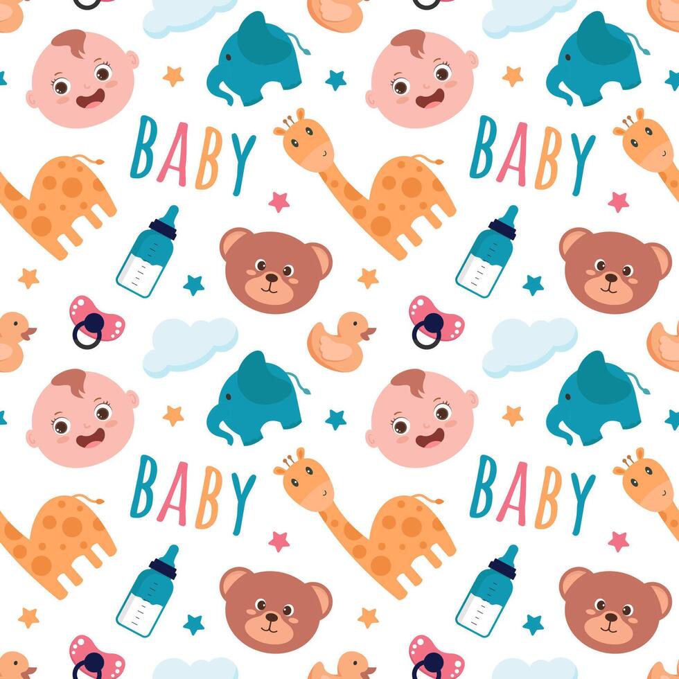 Baby Seamless Pattern Design, A Set of Simple Decorative Elements in a Hand Drawn on Style Cartoon Flat Illustration Template vector