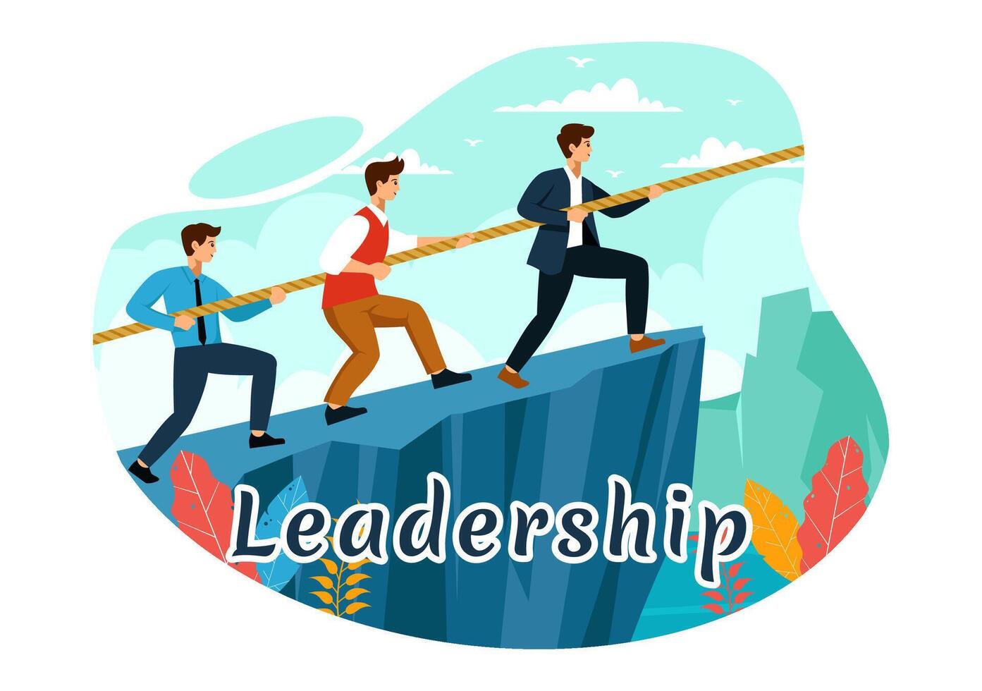 Business Leadership Illustration with A Businessman Leader Helping the Team Develop Themselves to Achieve Success in a Flat Cartoon Background vector
