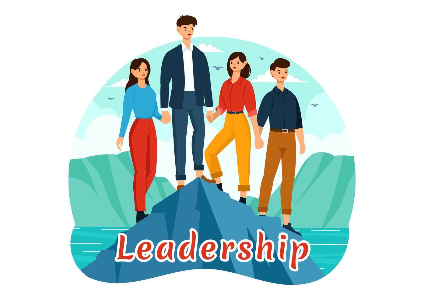 Business Leadership Illustration with A Businessman Leader Helping the Team Develop Themselves to Achieve Success in a Flat Cartoon Background vector
