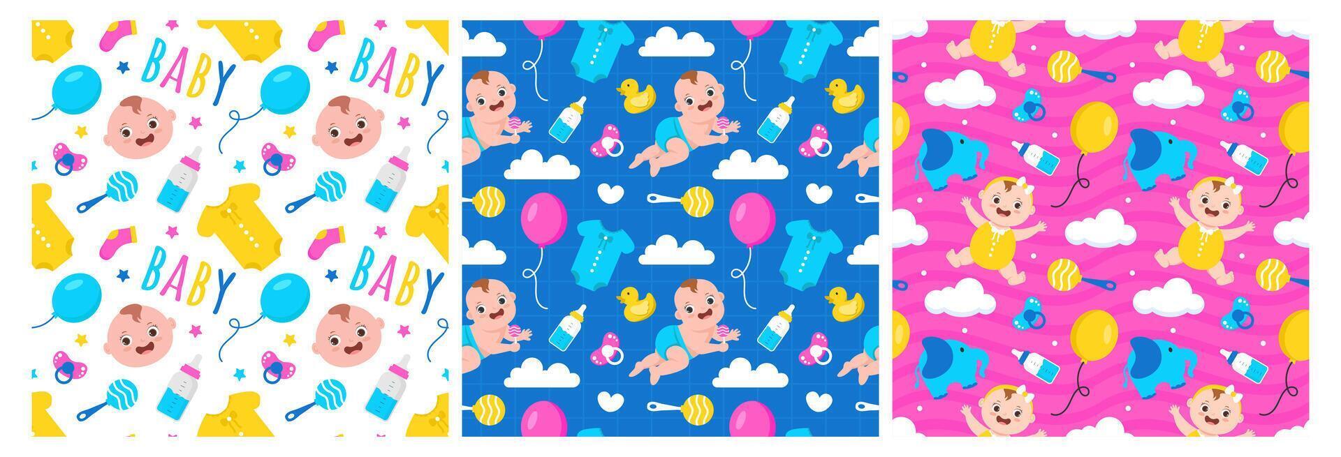 Baby Seamless Pattern Design, A Set of Simple Decorative Elements in a Hand Drawn on Style Cartoon Flat Illustration Template vector