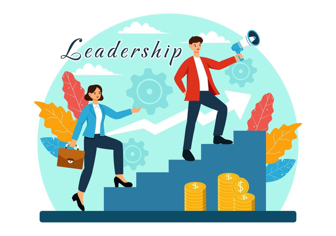 Business Leadership Illustration with A Businessman Leader Helping the Team Develop Themselves to Achieve Success in a Flat Cartoon Background vector