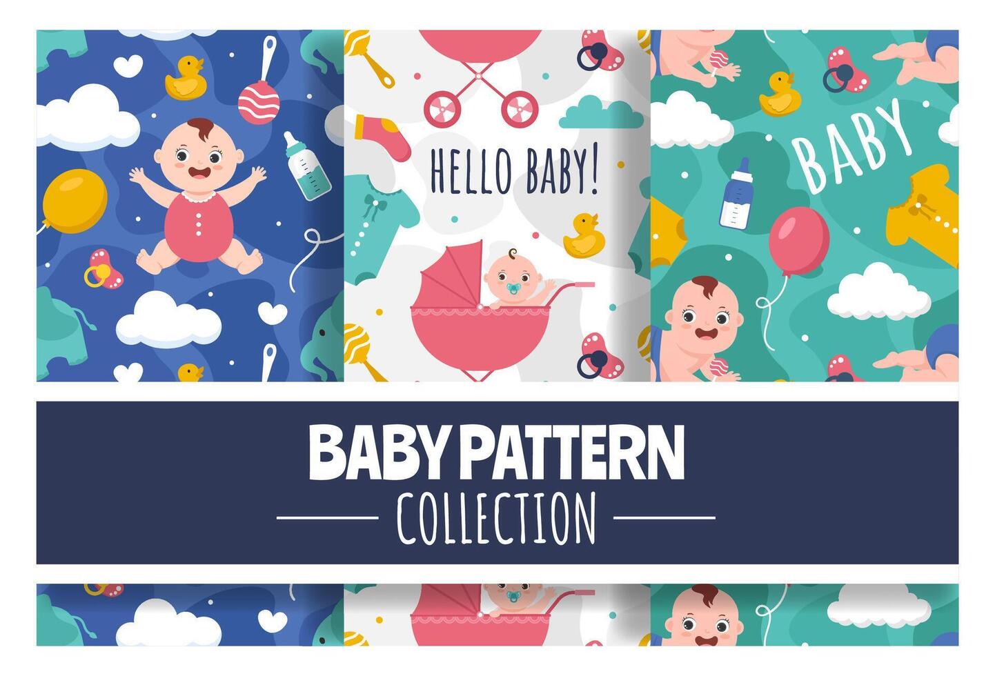 Baby Seamless Pattern Design, A Set of Simple Decorative Elements in a Hand Drawn on Style Cartoon Flat Illustration Template vector