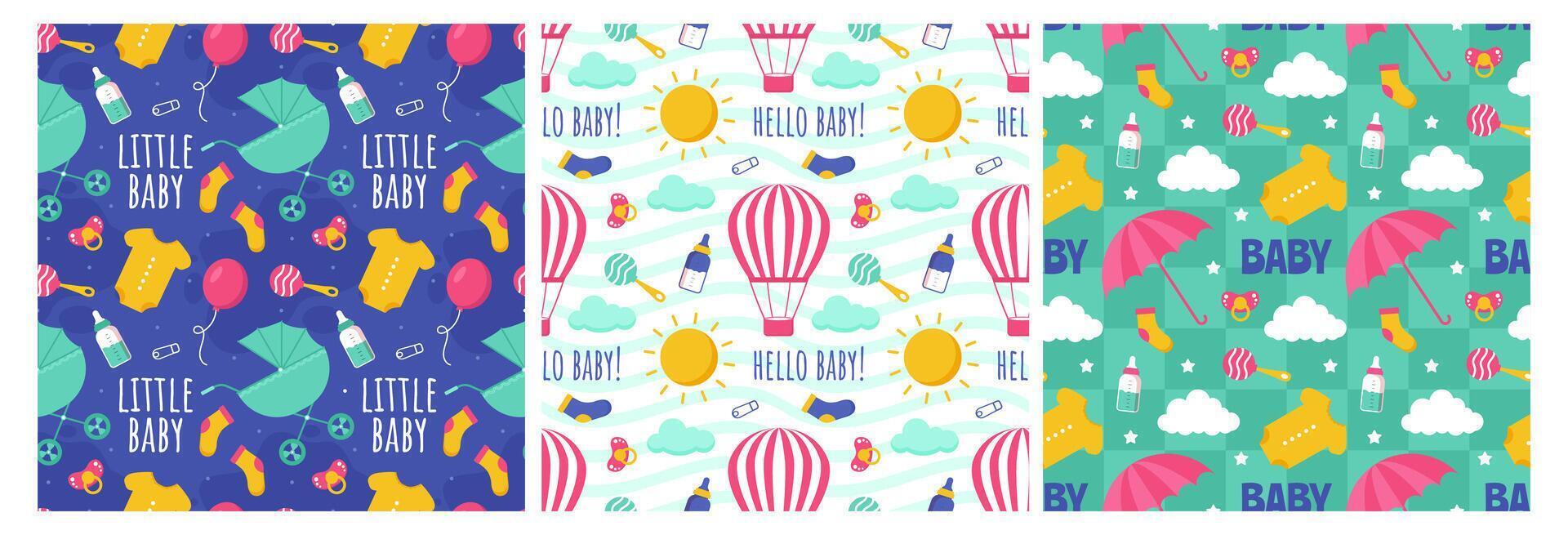 Baby Seamless Pattern Design, A Set of Simple Decorative Elements in a Hand Drawn on Style Cartoon Flat Illustration Template vector