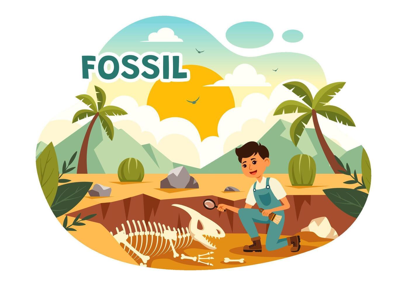 Fossil Illustration of Archaeologists Discovering Dinosaur Skeletons During Excavations, Depicted in a Flat Cartoon Style Background vector