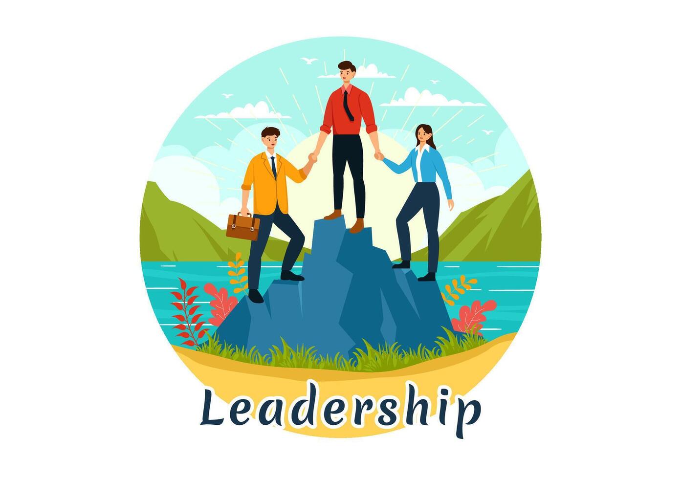Business Leadership Illustration with A Businessman Leader Helping the Team Develop Themselves to Achieve Success in a Flat Cartoon Background vector