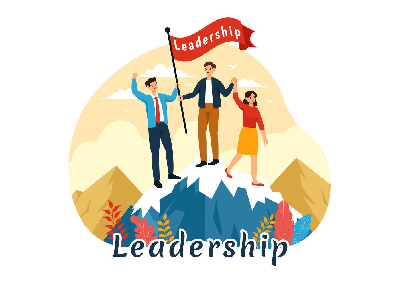 Business Leadership Illustration with A Businessman Leader Helping the Team Develop Themselves to Achieve Success in a Flat Cartoon Background vector