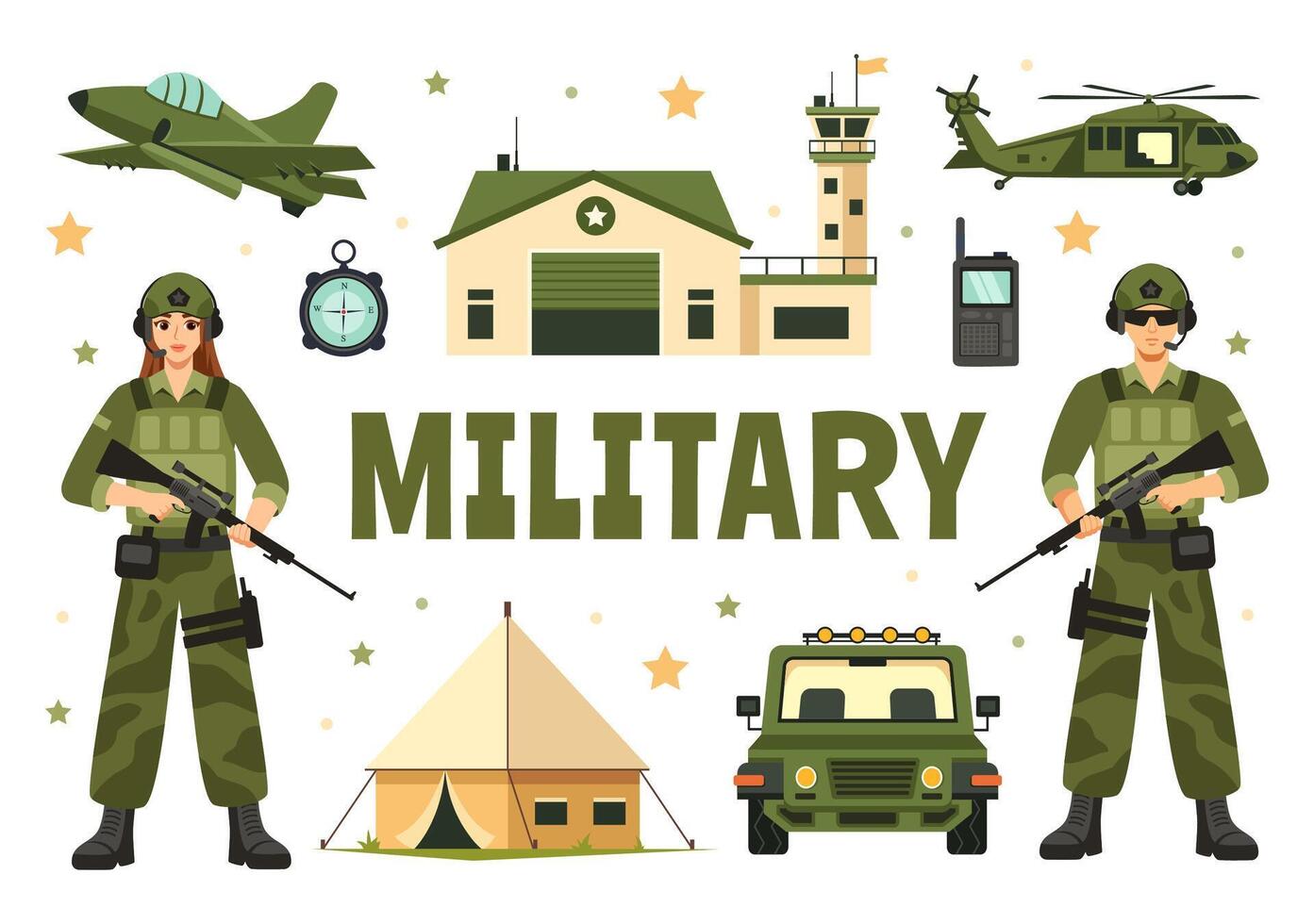 Illustration of Military Army Forces featuring Soldiers, Weapons, Tanks, and Heavy Protective Equipment in a Flat Style Cartoon Background vector
