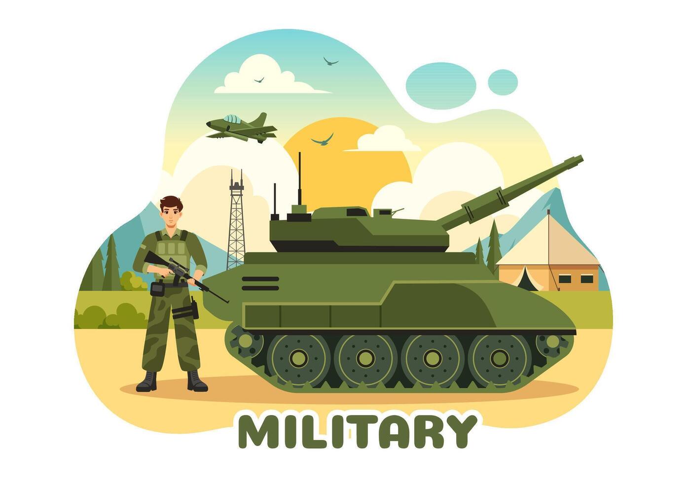 Illustration of Military Army Forces featuring Soldiers, Weapons, Tanks, and Heavy Protective Equipment in a Flat Style Cartoon Background vector