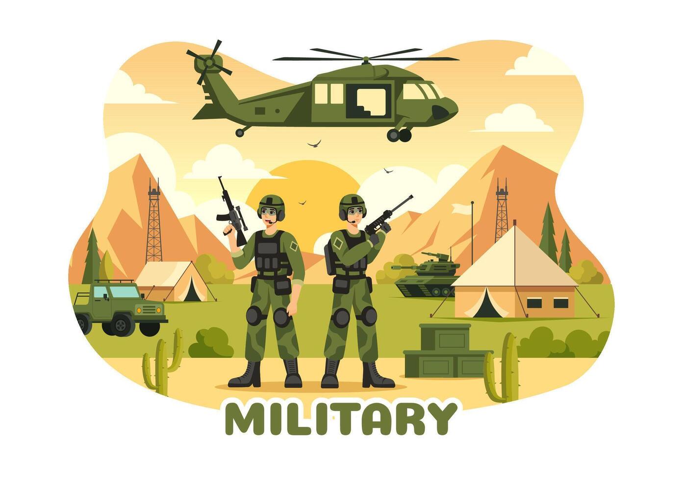 Illustration of Military Army Forces featuring Soldiers, Weapons, Tanks, and Heavy Protective Equipment in a Flat Style Cartoon Background vector