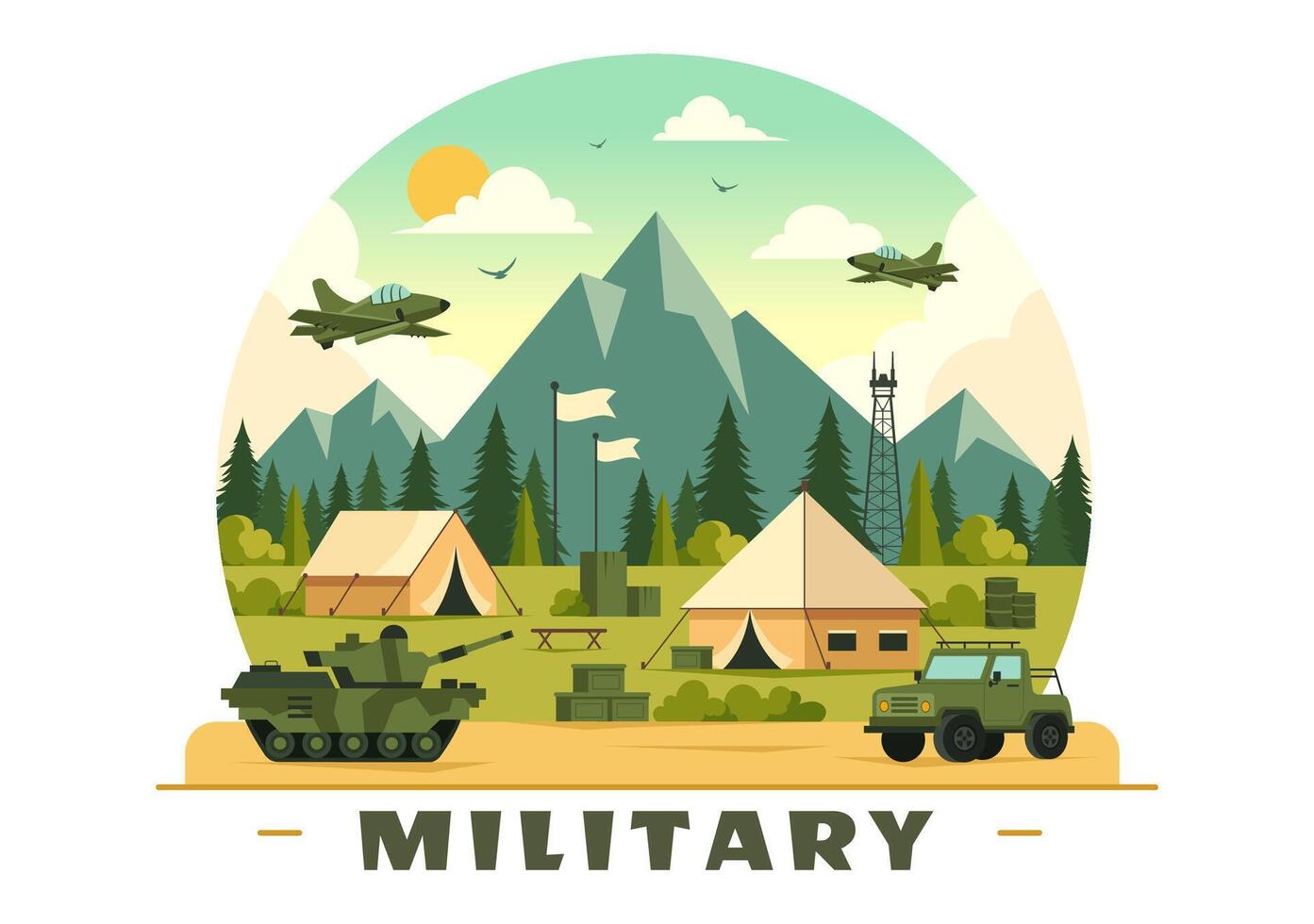 Illustration of Military Army Forces featuring Soldiers, Weapons, Tanks, and Heavy Protective Equipment in a Flat Style Cartoon Background vector