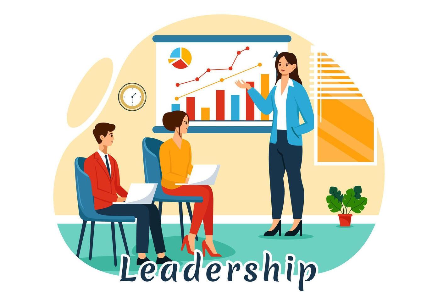 Business Leadership Illustration with A Businessman Leader Helping the Team Develop Themselves to Achieve Success in a Flat Cartoon Background vector