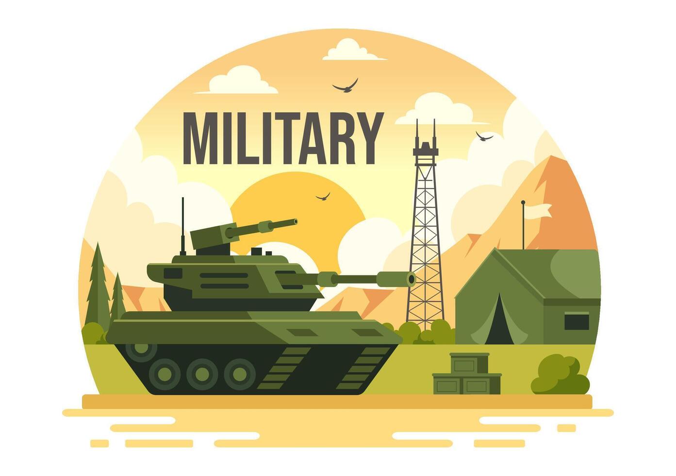 Illustration of Military Army Forces featuring Soldiers, Weapons, Tanks, and Heavy Protective Equipment in a Flat Style Cartoon Background vector