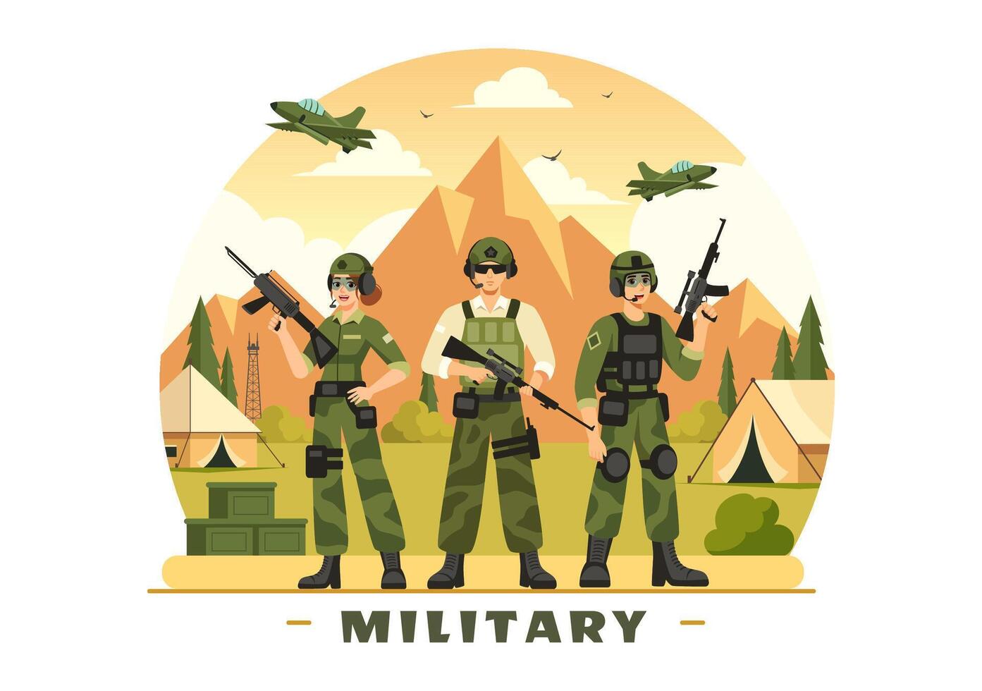 Illustration of Military Army Forces featuring Soldiers, Weapons, Tanks, and Heavy Protective Equipment in a Flat Style Cartoon Background vector