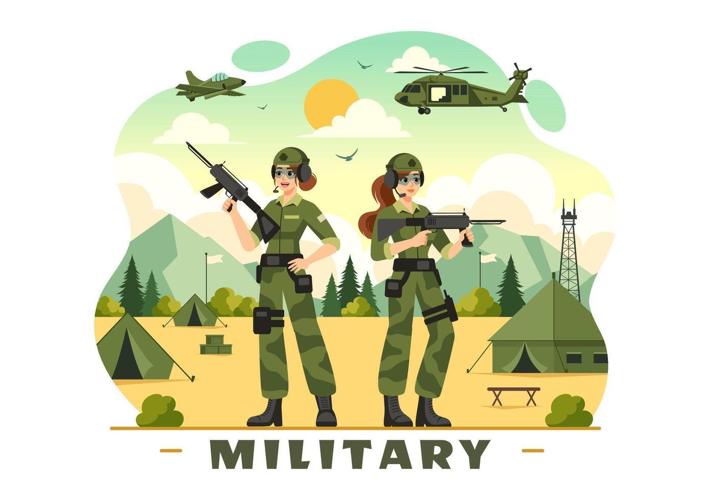 Illustration of Military Army Forces featuring Soldiers, Weapons, Tanks, and Heavy Protective Equipment in a Flat Style Cartoon Background vector