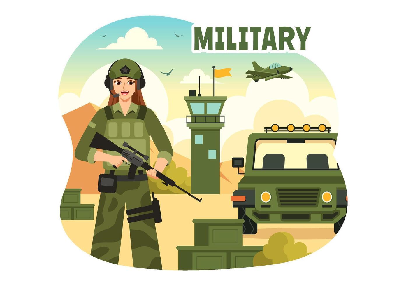 Illustration of Military Army Forces featuring Soldiers, Weapons, Tanks, and Heavy Protective Equipment in a Flat Style Cartoon Background vector