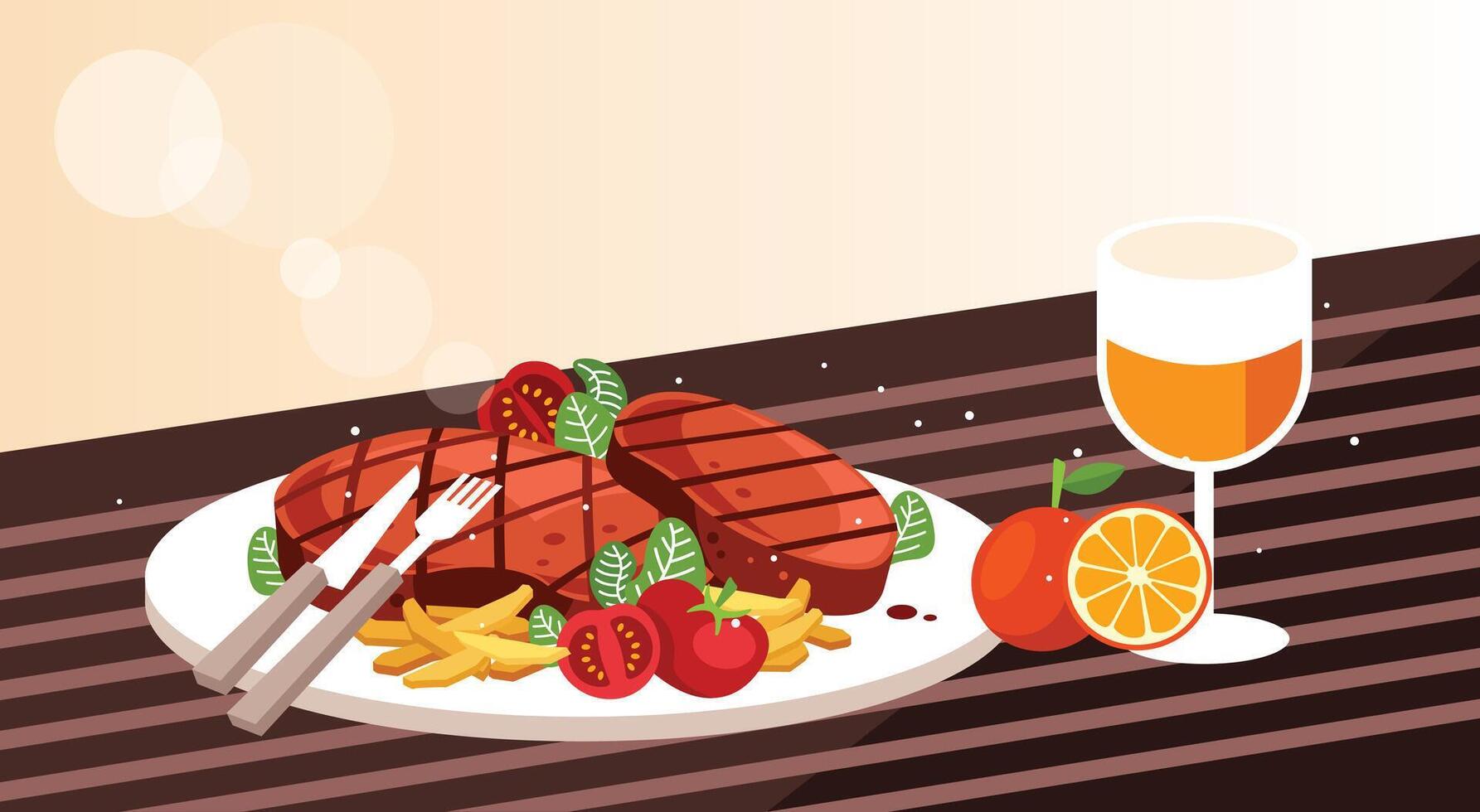 Delicious Grilled Beef Steak and Orange Juice vector