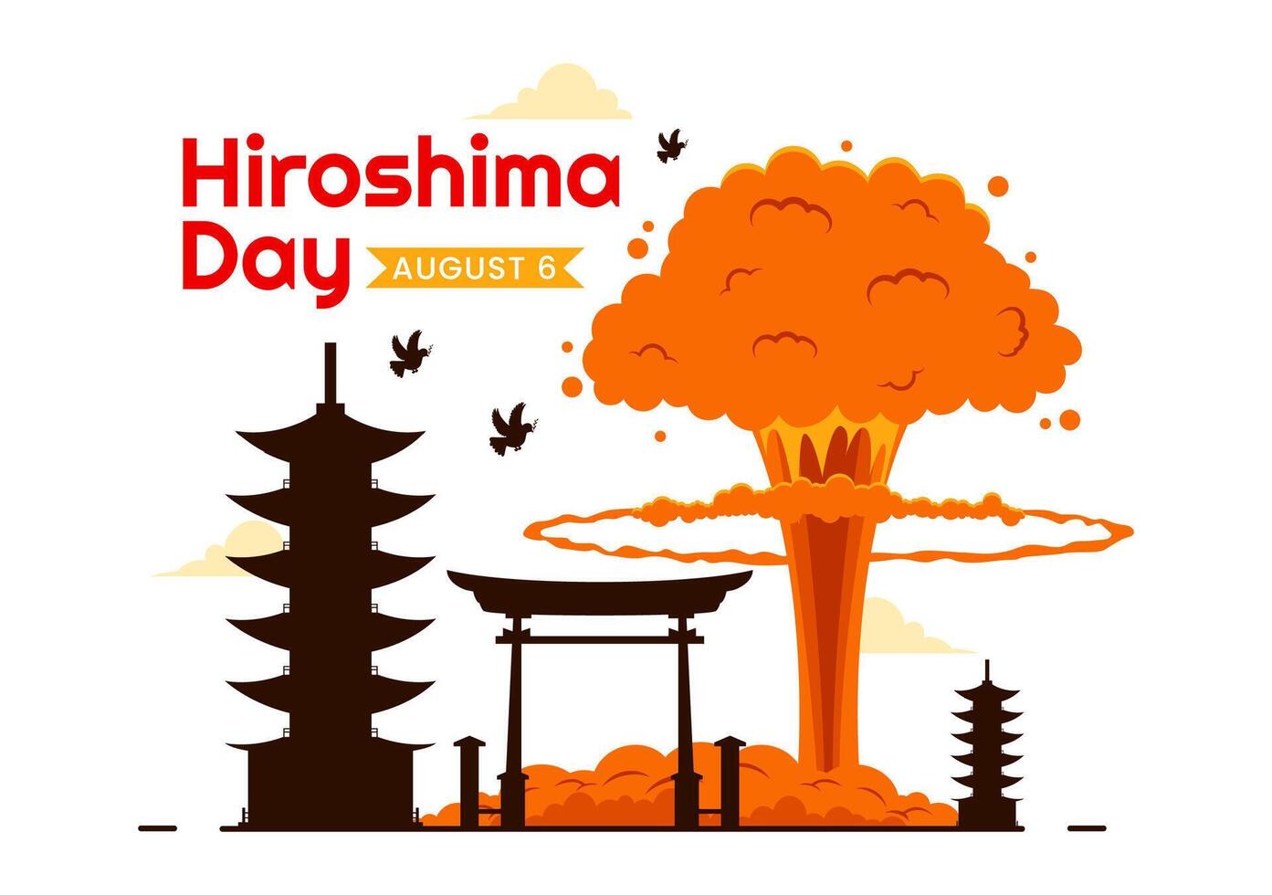 Hiroshima Day Illustration for August 6th featuring a Peace Dove and a Nuclear Explosion Background in a Flat Style Cartoon Design vector