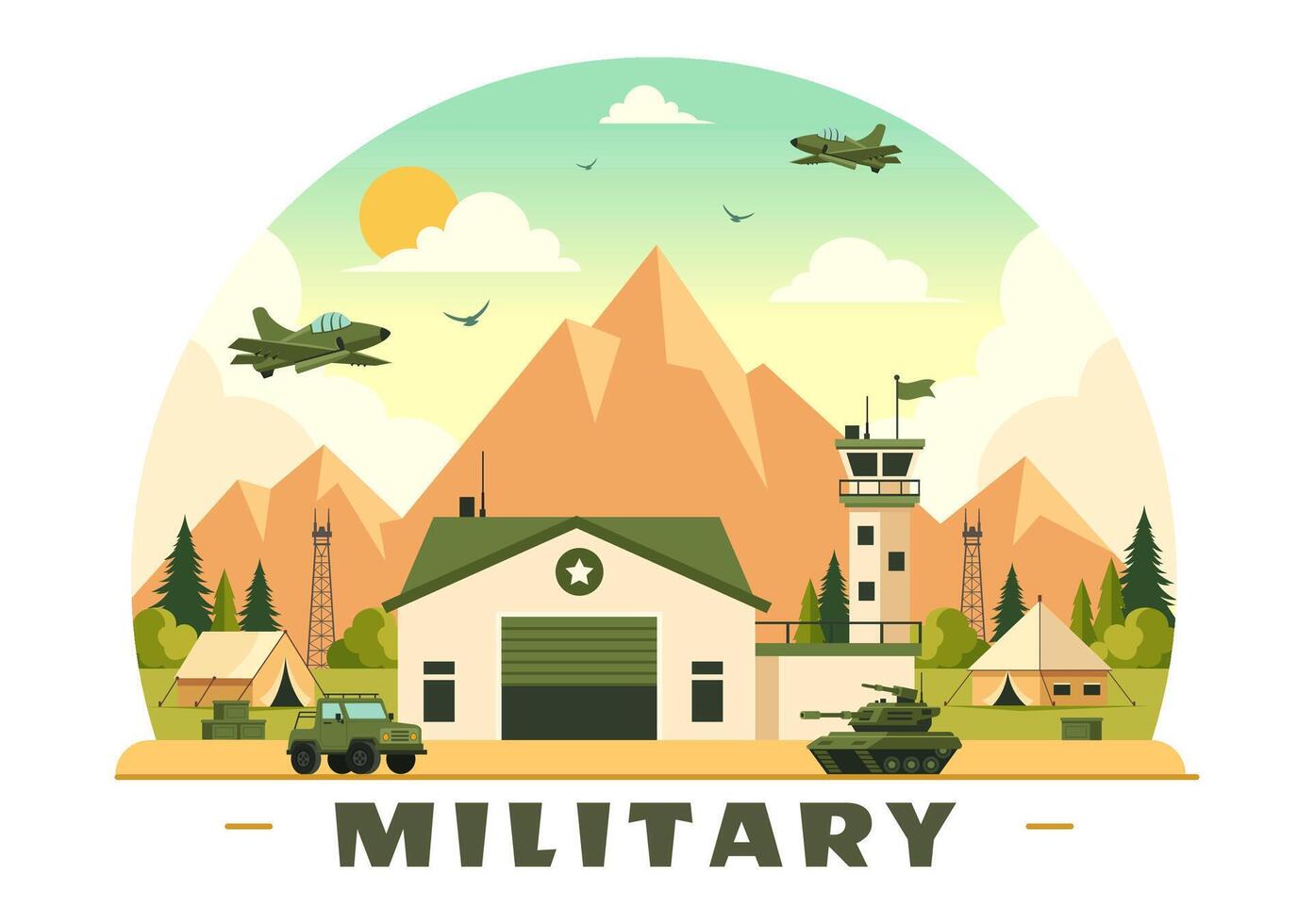 Illustration of Military Army Forces featuring Soldiers, Weapons, Tanks, and Heavy Protective Equipment in a Flat Style Cartoon Background vector