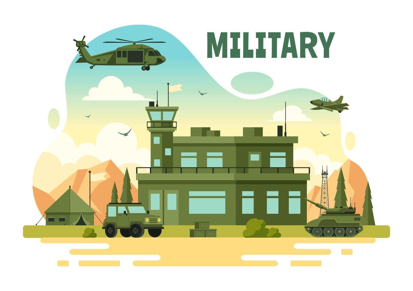 Illustration of Military Army Forces featuring Soldiers, Weapons, Tanks, and Heavy Protective Equipment in a Flat Style Cartoon Background vector