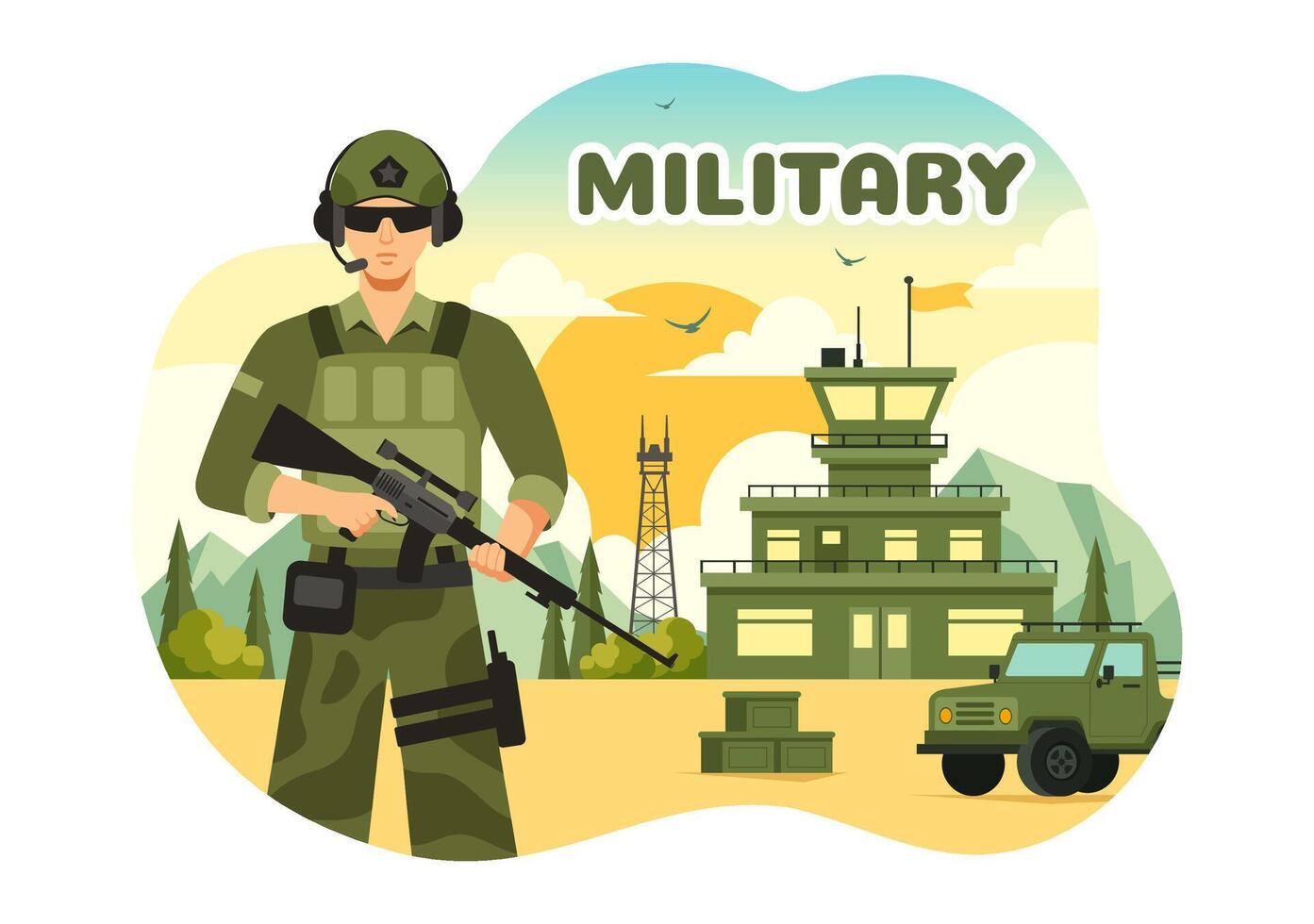 Illustration of Military Army Forces featuring Soldiers, Weapons, Tanks, and Heavy Protective Equipment in a Flat Style Cartoon Background vector