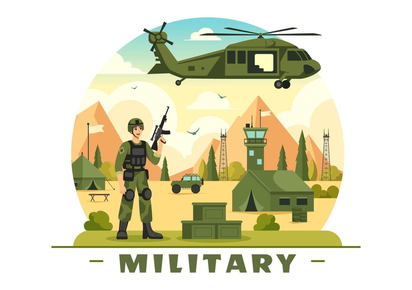 Illustration of Military Army Forces featuring Soldiers, Weapons, Tanks, and Heavy Protective Equipment in a Flat Style Cartoon Background vector