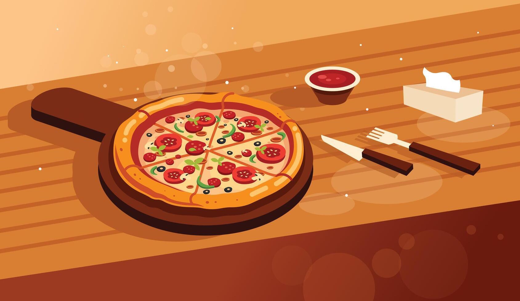 Delicious Pizza on Wooden Table vector