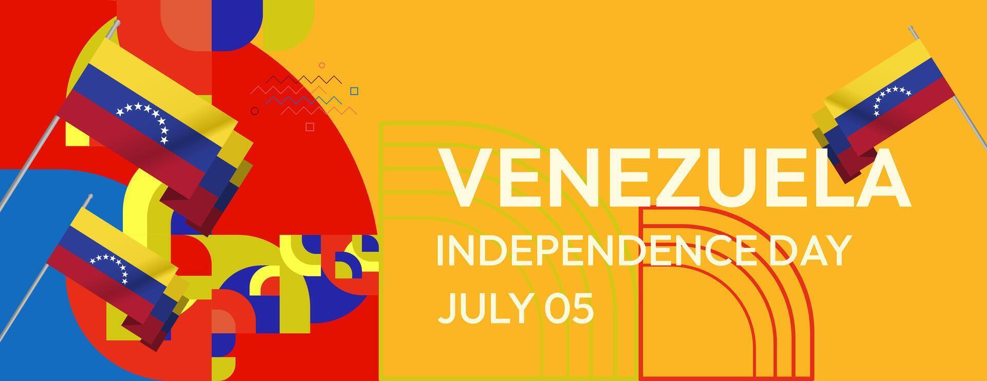 Venezuela Independence Day banner in modern geometric style. Wide banner with typography and also country flag. Background for national holiday celebration party. Happy Venezuela Independence Day vector
