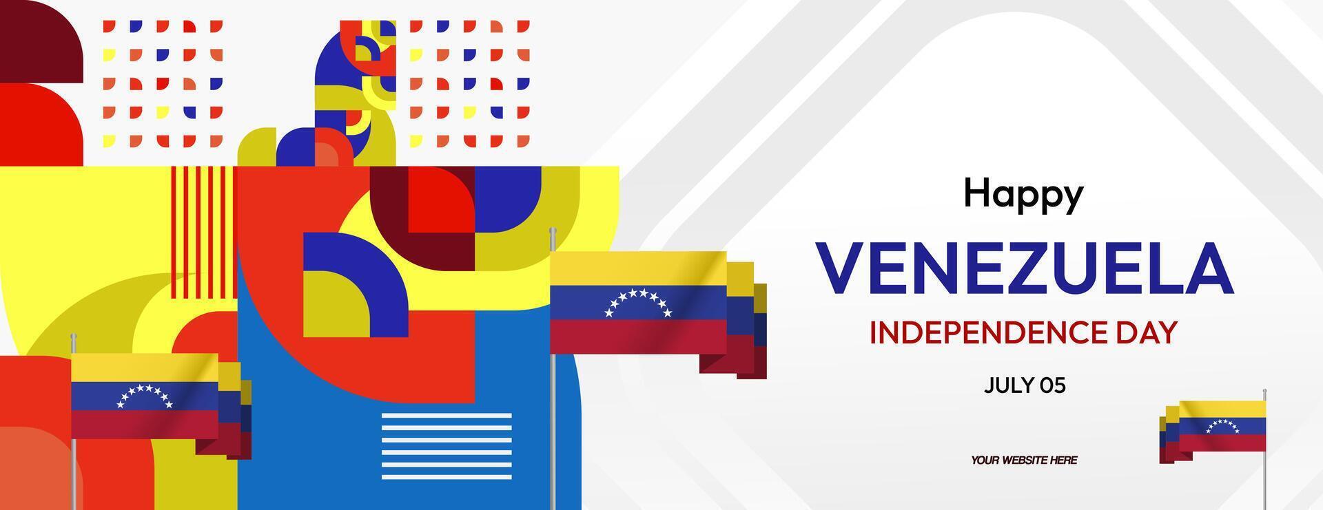 Venezuela Independence Day banner in modern geometric style. Wide banner with typography and also country flag. Background for national holiday celebration party. Happy Venezuela Independence Day vector