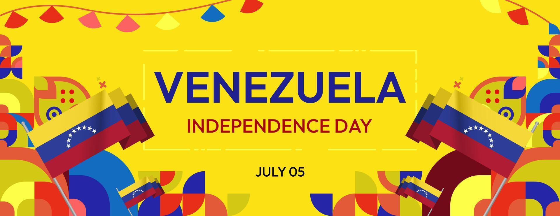Venezuela Independence Day banner in modern geometric style. Wide banner with typography and also country flag. Background for national holiday celebration party. Happy Venezuela Independence Day vector