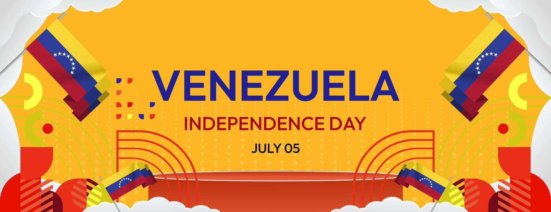 Venezuela Independence Day banner in modern geometric style. Wide banner with typography and also country flag. Background for national holiday celebration party. Happy Venezuela Independence Day vector