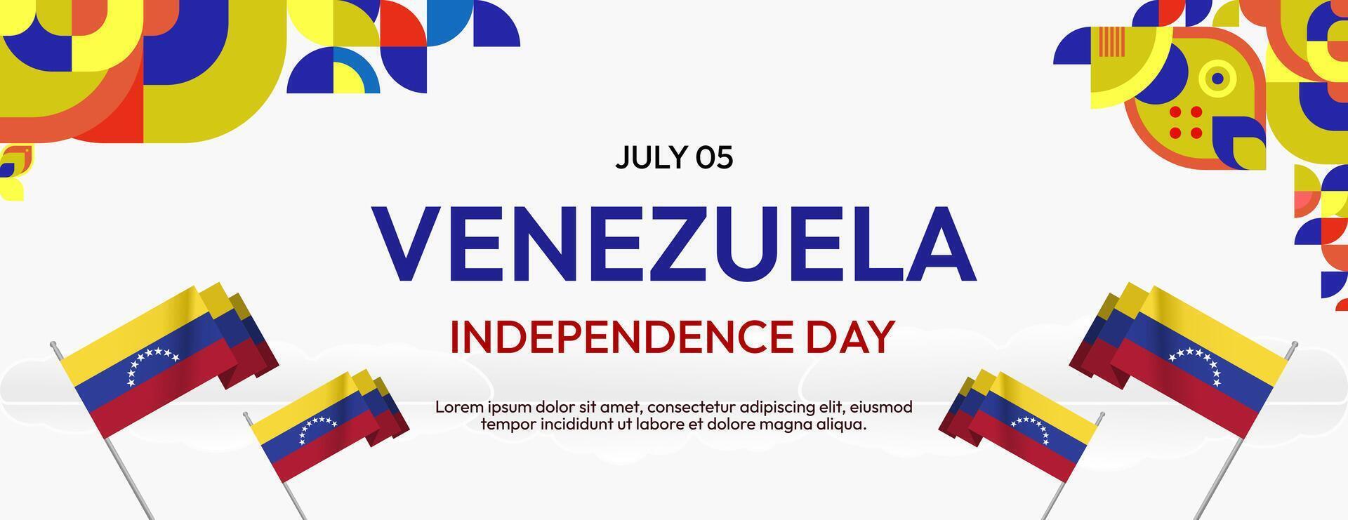 Venezuela Independence Day banner in modern geometric style. Wide banner with typography and also country flag. Background for national holiday celebration party. Happy Venezuela Independence Day vector