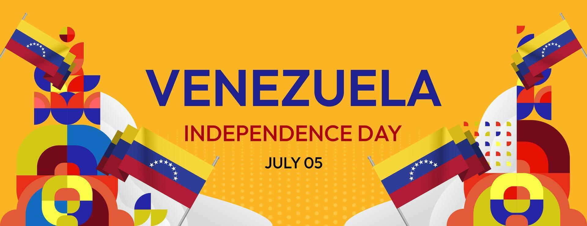 Venezuela Independence Day banner in modern geometric style. Wide banner with typography and also country flag. Background for national holiday celebration party. Happy Venezuela Independence Day vector