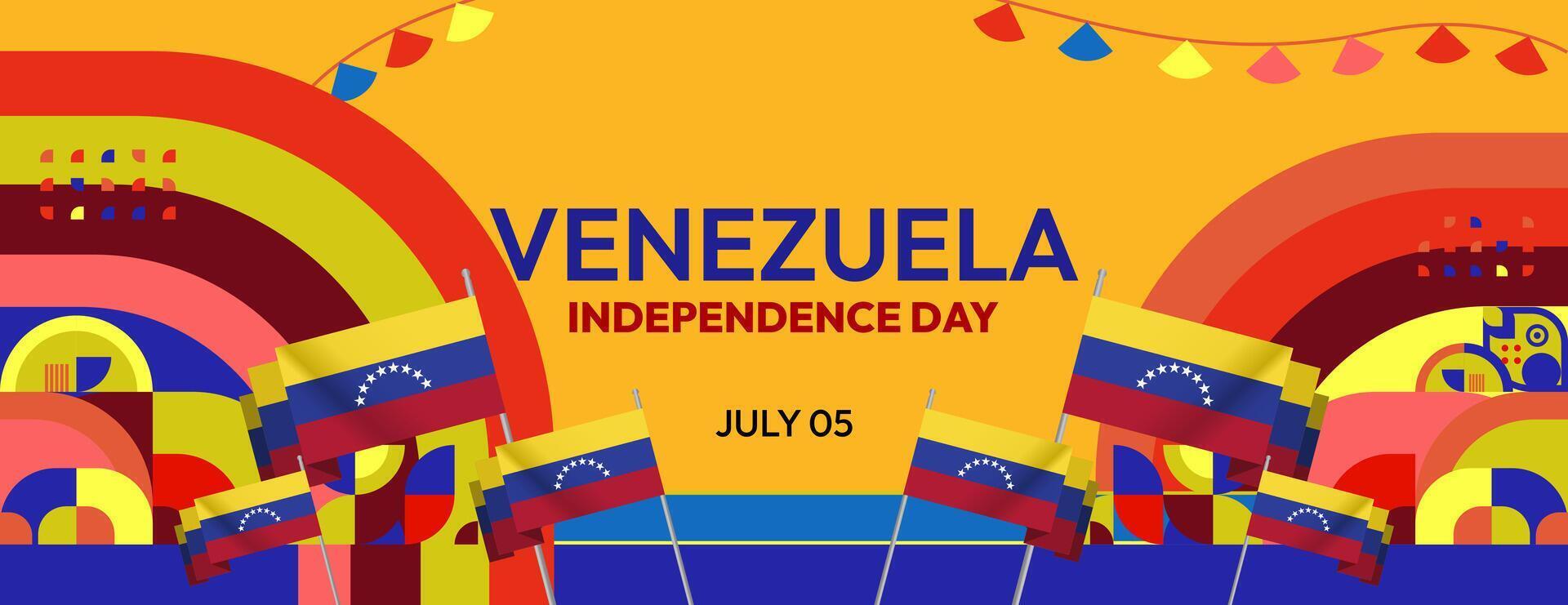 Venezuela Independence Day banner in modern geometric style. Wide banner with typography and also country flag. Background for national holiday celebration party. Happy Venezuela Independence Day vector
