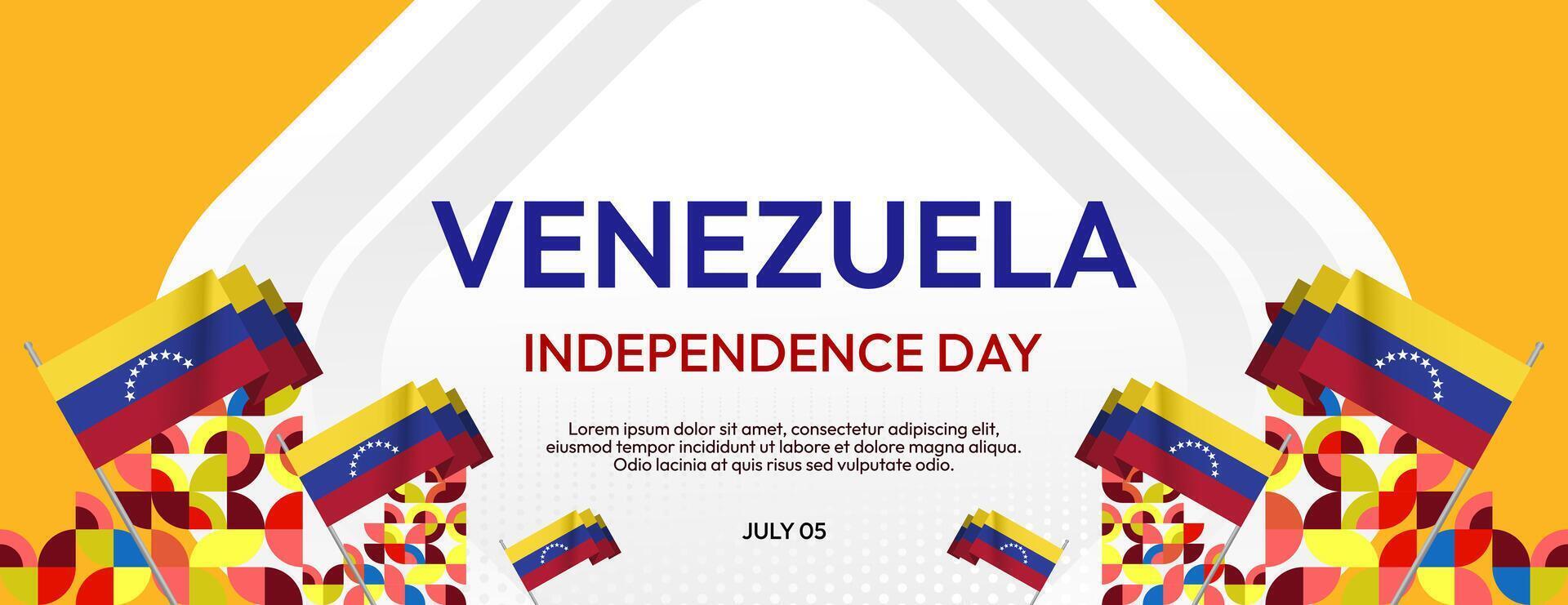 Venezuela Independence Day banner in modern geometric style. Wide banner with typography and also country flag. Background for national holiday celebration party. Happy Venezuela Independence Day vector