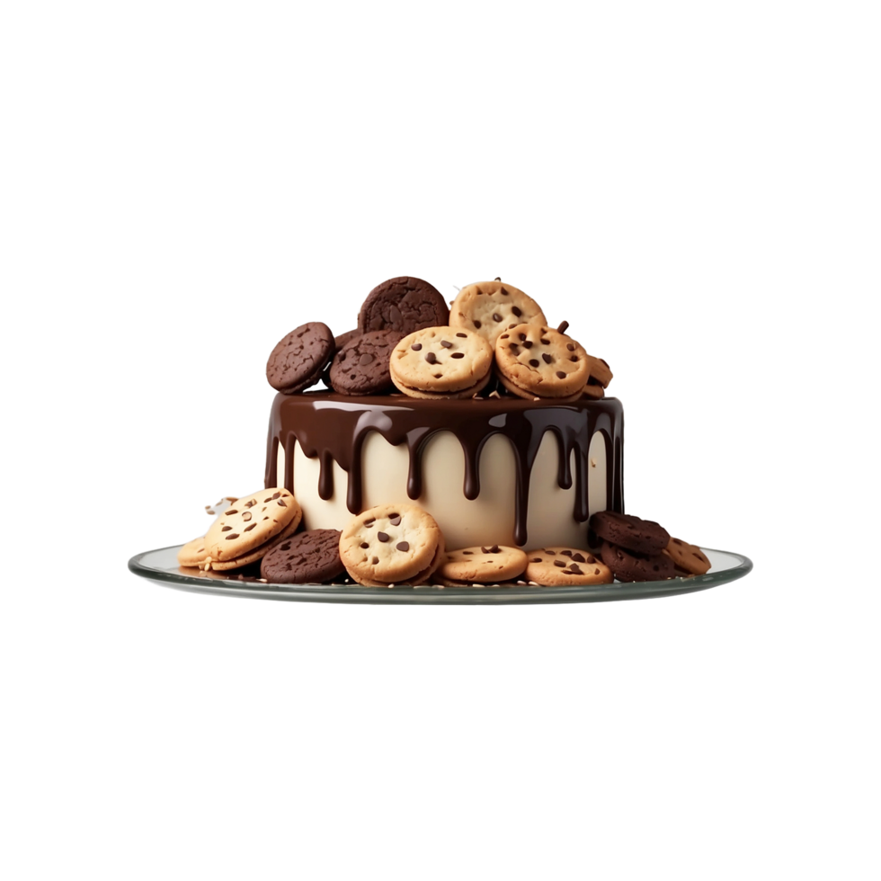 Cake poured with chocolate and decorated with Biscuits Isolated on a transparent background png