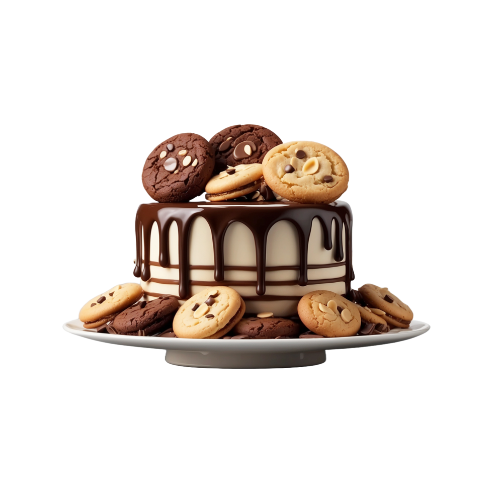Cake poured with chocolate and decorated with Biscuits Isolated on a transparent background png