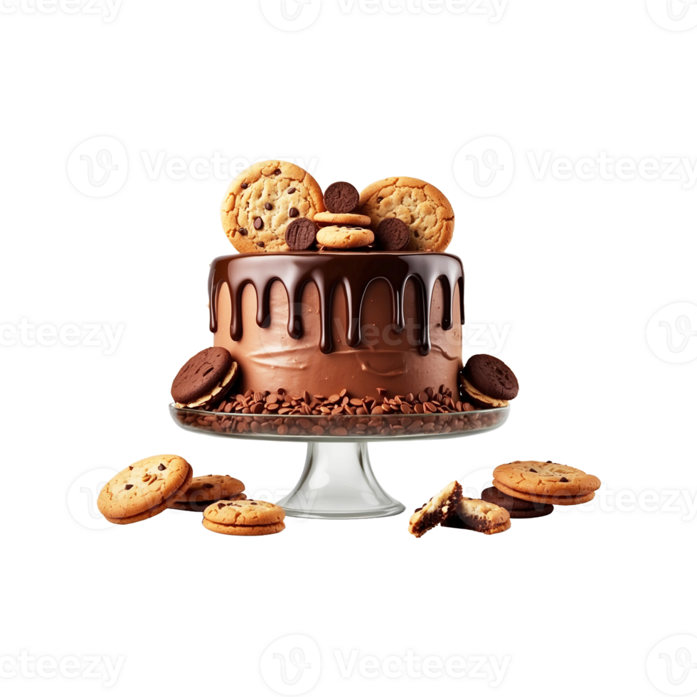 Cake poured with chocolate and decorated with Biscuits Isolated on a transparent background png
