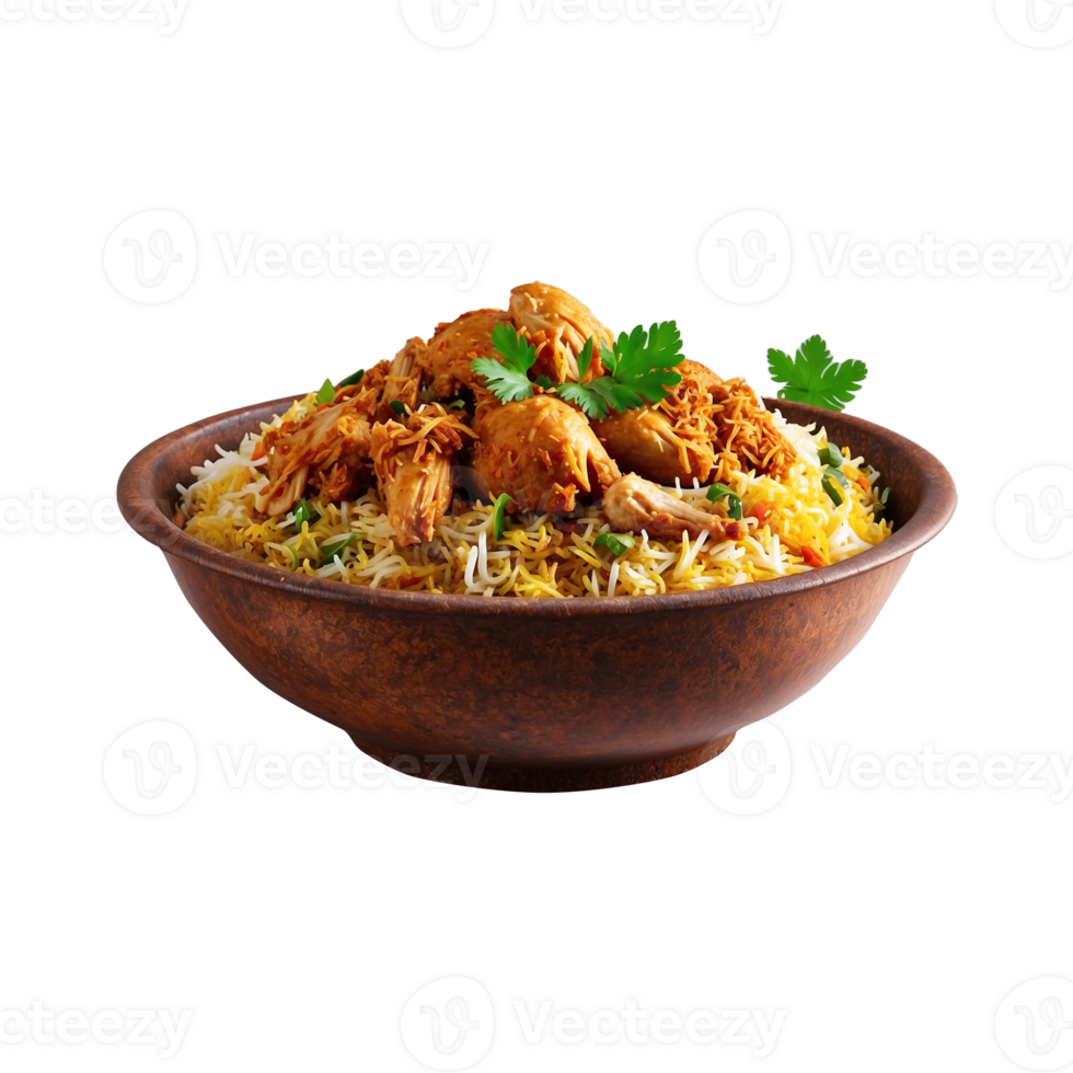 A Hot Delicious bowl of biryani with chicken pieces isolated on a transparent background, Beautiful view of traditional spicy indian food, Iftar meal, Ramadan dinner. png