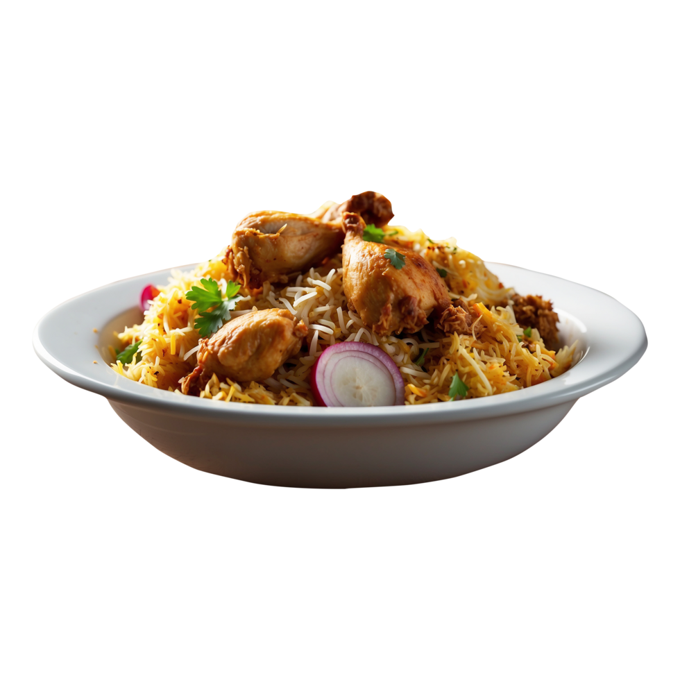 A Hot Delicious bowl of biryani with chicken pieces isolated on a transparent background, Beautiful view of traditional spicy indian food, Iftar meal, Ramadan dinner. png