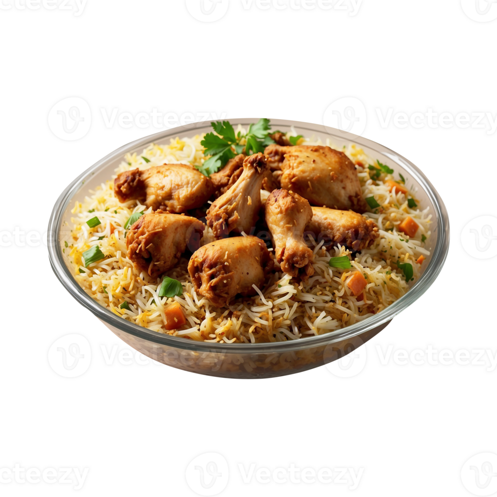 A Hot Delicious bowl of biryani with chicken pieces isolated on a transparent background, Beautiful view of traditional spicy indian food, Iftar meal, Ramadan dinner. png