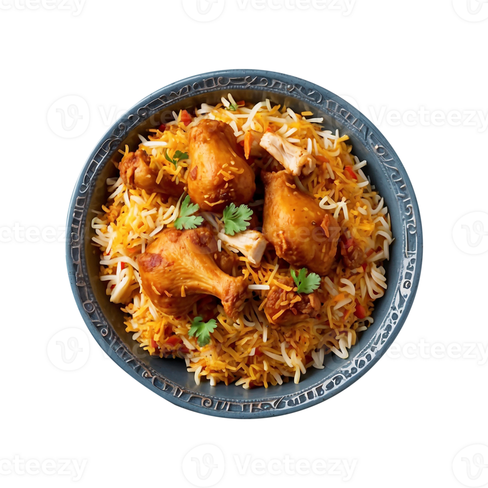 A Hot Delicious bowl of biryani with chicken pieces isolated on a transparent background, Beautiful view of traditional spicy indian food, Iftar meal, Ramadan dinner. png