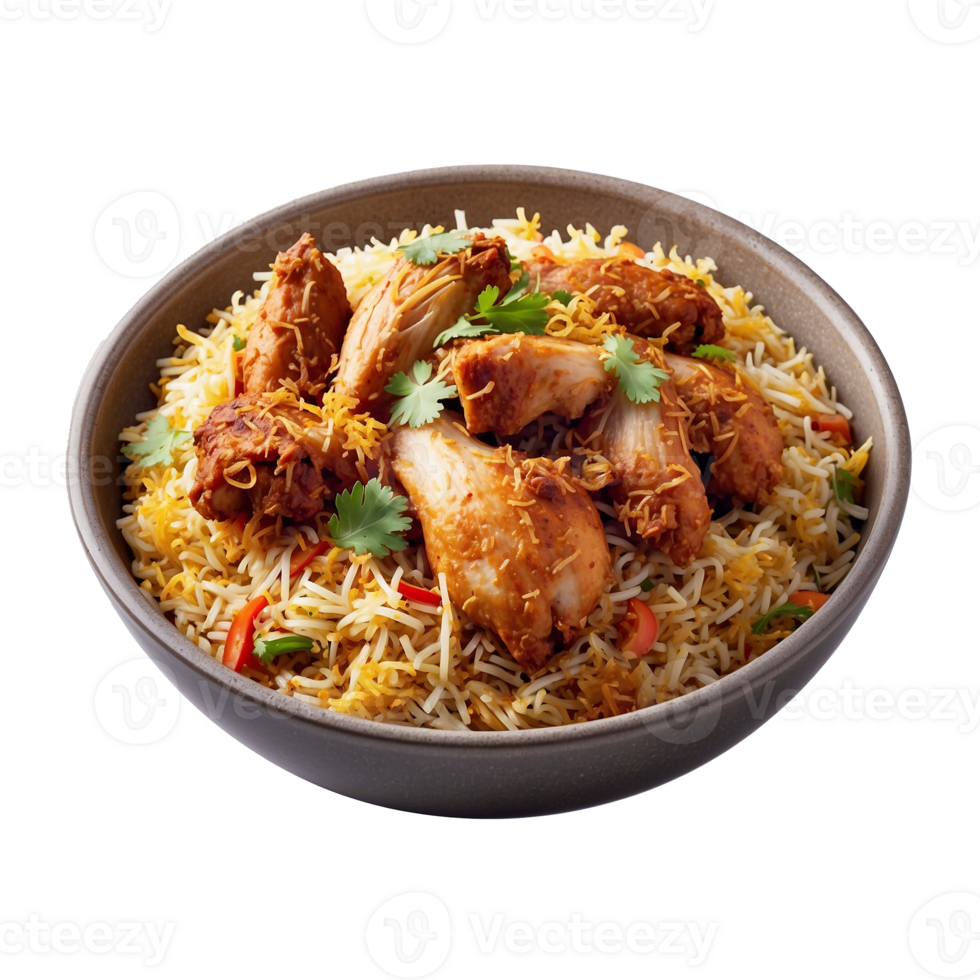 A Hot Delicious bowl of biryani with chicken pieces isolated on a transparent background, Beautiful view of traditional spicy indian food, Iftar meal, Ramadan dinner. png
