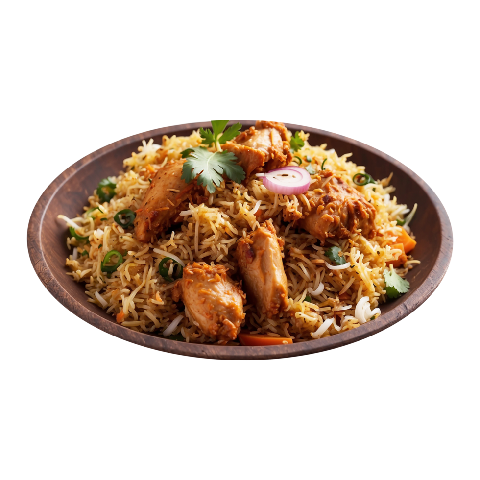 A Hot Delicious bowl of biryani with chicken pieces isolated on a transparent background, Beautiful view of traditional spicy indian food, Iftar meal, Ramadan dinner. png