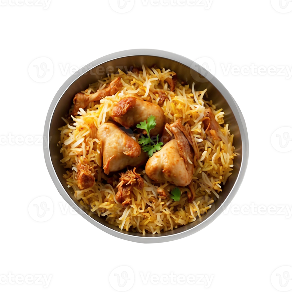 A Hot Delicious bowl of biryani with chicken pieces isolated on a transparent background, Beautiful view of traditional spicy indian food, Iftar meal, Ramadan dinner. png